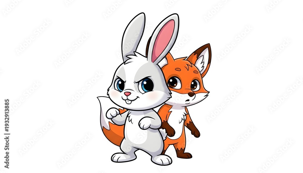 Naklejka premium Cartoon rabbit and fox characters, illustration