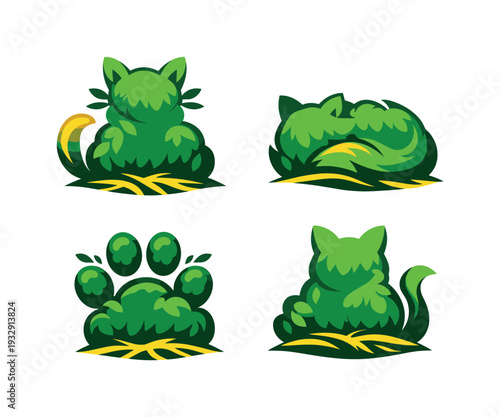 Two-Color vector icons of feline-shaped shrub: catlike leaf mound, rounded shrub arc, soft tail-shaped stem, curved ear canopy;