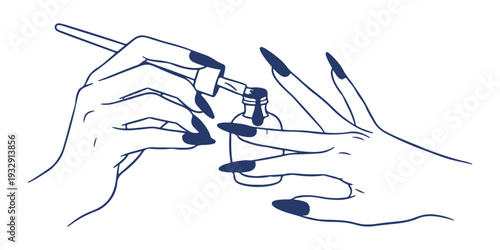 Manicure Nail Polish Application Hands Line Art Vector Illustration