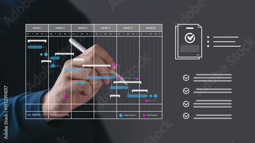 Billede på lærred Close up of hand managing project timeline on virtual Gantt chart, symbolizing project planning, task scheduling, workflow management and business performance tracking concept