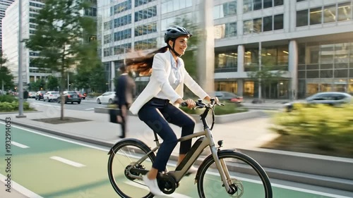 Happy businesswoman riding electric bicycle on city bike lane