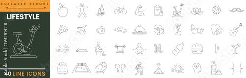 Lifestyle and wellness line icons set with fitness healthy food and relaxation graphic elements