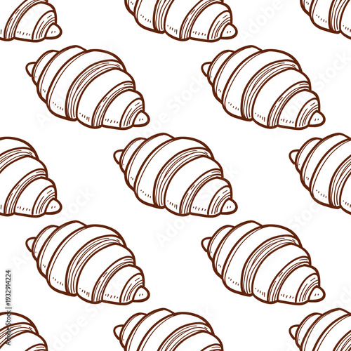 French Croissants line art on white seamless pattern background