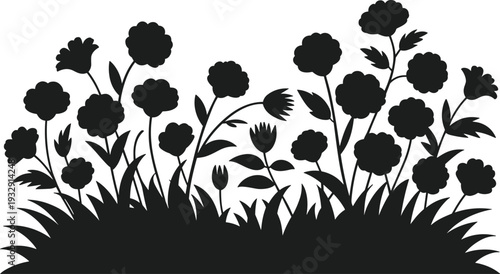 Black silhouette of a vibrant flower bed with various blooming flowers and green grass white