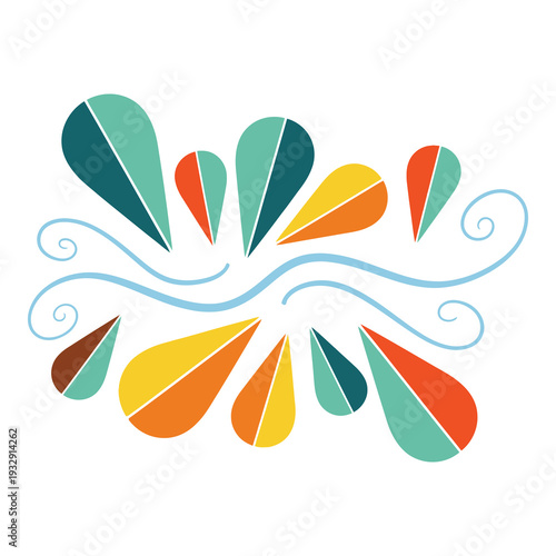 Colorful teardrop shapes with swirling lines on white background icon