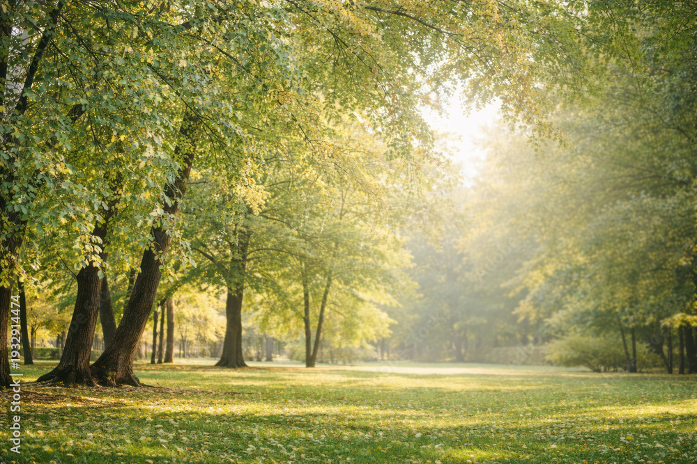 Fototapeta premium A sunny green park with soft morning light, trees, and a spacious lawn offers a warm, natural atmosphere.