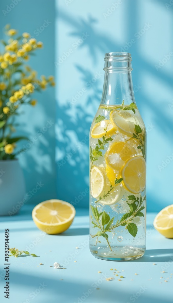 Fototapeta premium Refreshing detox water with lemon in a glass bottle, hydration concept