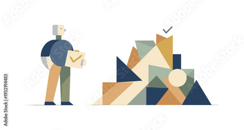 Calm abstract geometric figure stands beside final cohesive arrangement of interrelated angular shapes in wide empty space,