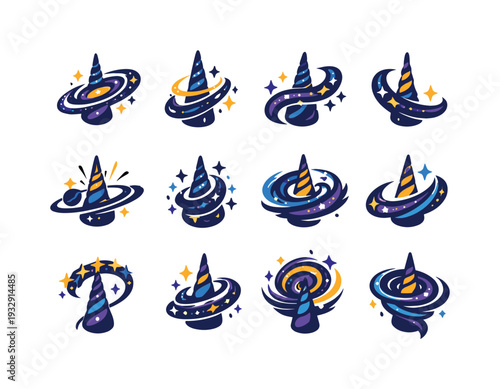 Galactic Unicorn Horn Icons. Two-Color vector icons of unicorn horn with spiral galaxy: horn with swirling galaxy, tapered horn