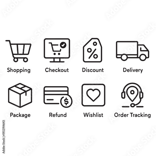 Flat E-Commerce Icon Set – Shopping, Payment, Delivery, and Support Vector Icons