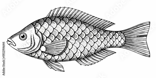Detailed sketch of a fish with intricate scale patterns and fin details