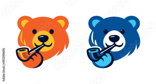 Two-Color vector icons of bear with wooden pipe: curved bear face, simple snout line, soft ear sweep, straight flute stem;
