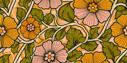 Retro floral pattern with stylized blossoms and leafy green stems