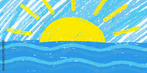 A childlike drawing depicts a bright sun rising over wavy water