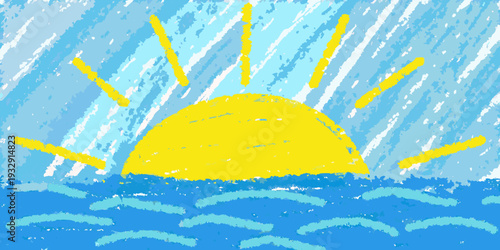 Child s drawing of a bright yellow sun rising over wavy blue water