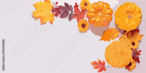 Autumn arrangement of pumpkins and colorful maple leaves on a white background