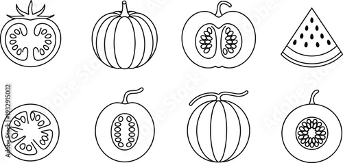 Tomato pumpkin melon and watermelon outline icon set with fresh fruit and vegetable line art vector collection