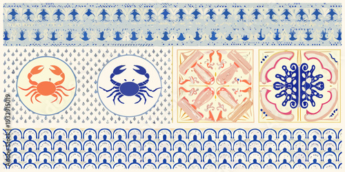 Artistic composition featuring crabs geometric patterns and nautical elements