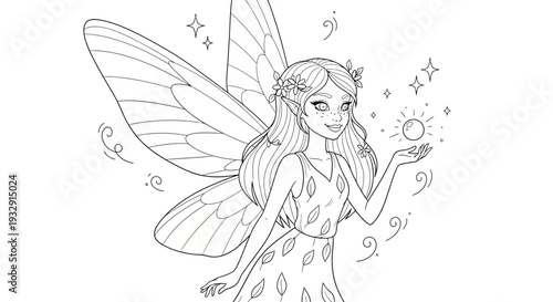 Line art illustration of a cute fairy holding a glowing orb