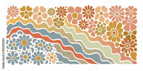 Retro floral and wave pattern in warm muted earth tone colors