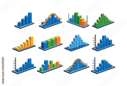 Isometric vector icons of data visualization histogram charts: histogram bars, bell curve overlay, range intervals, density