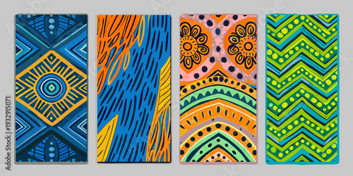 Four colorful rectangular panels featuring vibrant geometric and tribal patterns