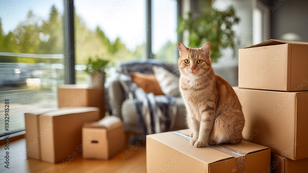 Fototapeta premium Cat sitting on boxes in a bright room with plants during a moving day in a modern apartment