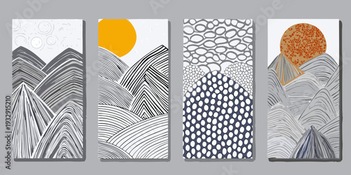 Abstract mountain and sun landscapes in a four panel arrangement