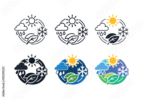 Climate Cycle Symbols. Changing climate cycle symbol portraying weather elements such as sun, clouds, rain, wind, and snow