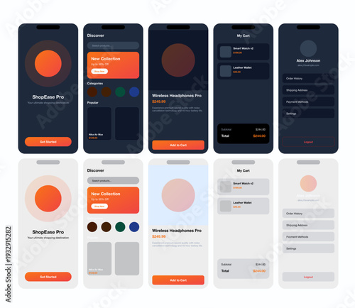 "A sophisticated and versatile UI/UX presentation showing a mobile e-commerce application in both high-contrast dark mode and clean, airy light mode. The design features vibrant orange action buttons,