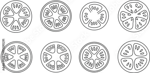 Tomato slice icon set with fresh vegetable cross section outline line art vector illustration collection isolated