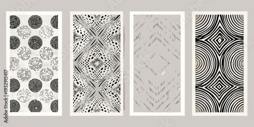 Four black and white abstract patterned panels displayed in a row
