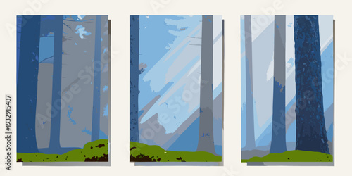 Abstract triptych depicting a stylized forest with tall trees