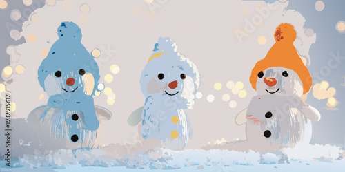 Three cheerful snowmen stand together against a winter background