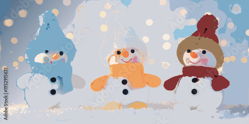 Three colorful snowmen with cheerful faces stand against a snowy backdrop