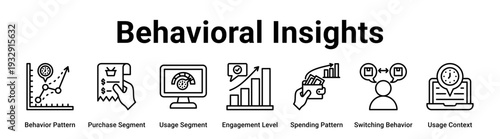 Behavioral Insights web banner icon vector illustration concept for business with icon of Behavior Pattern, Purchase Segment, Usage Segment, Engagement Level, Spending Pattern, Switching Behavior.