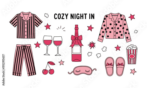 Cozy Night In Vector Illustration Set with Pink Pajamas, Wine, Popcorn, and Relaxation Icons