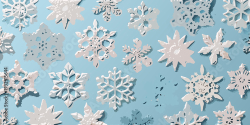 Intricate paper snowflakes scattered against a pale blue background
