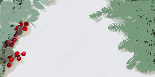 Festive evergreen branches and red berries create a holiday frame