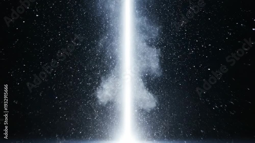 Ascending shaft of light. From a pitch-black environment, a vertical shaft of light emerges and stretches upward, revealing floating particles within its glow.