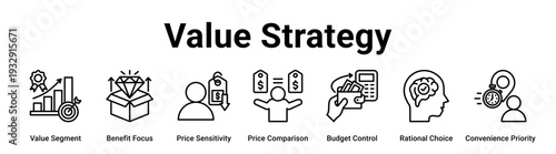 Value Strategy web banner icon vector illustration concept for business with icon of Value Segment, Benefit Focus, Price Sensitivity, Price Comparison, Budget Control, Rational Choice.