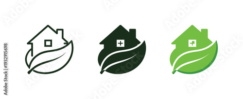 Eco conscious lifestyle concept showing a simple house icon wrapped by a leaf shape symbolizing sustainable living and