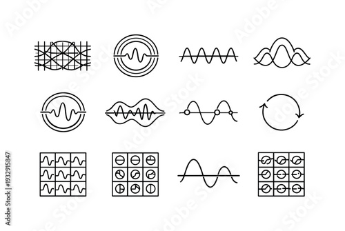 Minimalist Task Icons. Line style vector icons of task checklist manager task completion: frequency mesh, resonance ring, pattern