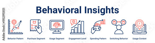 Behavioral Insights web banner icon vector illustration concept for business with icon of Behavior Pattern, Purchase Segment, Usage Segment, Engagement Level, Spending Pattern, Switching Behavior.