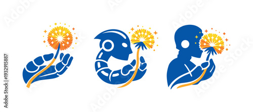 Two-Color vector icons of harmony between robotics and fragile flora: soft puff arc, tech grip, curved stem, seed glow;