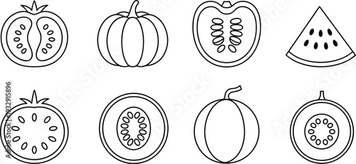 Tomato pumpkin and watermelon outline icon set with fresh fruit and vegetable line art vector collection