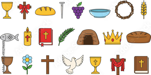 Christian Religious Icon Set Collection with Cross, Bible, Chalice, Crown of Thorns, Dove, and Church Symbols for Faith and Worship Design