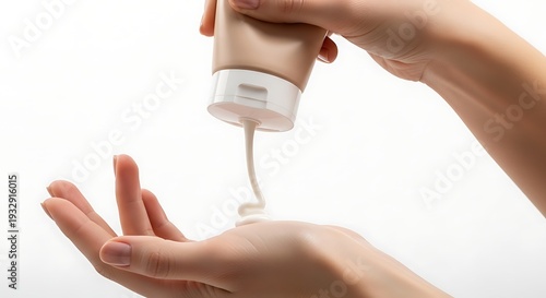 Applying cream to skin closeup hands holding bottle and dispensing white substance for skincare and beauty