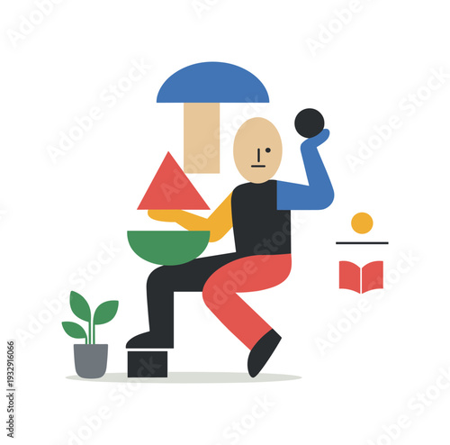 Abstract Geometric Balance. Single abstract geometric figure balances stacked and interlocking shapes while surrounding elements