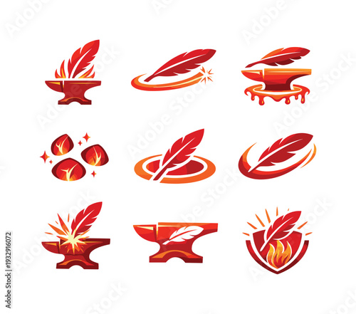 Two-Color vector icons of feather-forging symbolism inspired by an anvil motif: quill emblem, glowing streak, anvil hint, molten